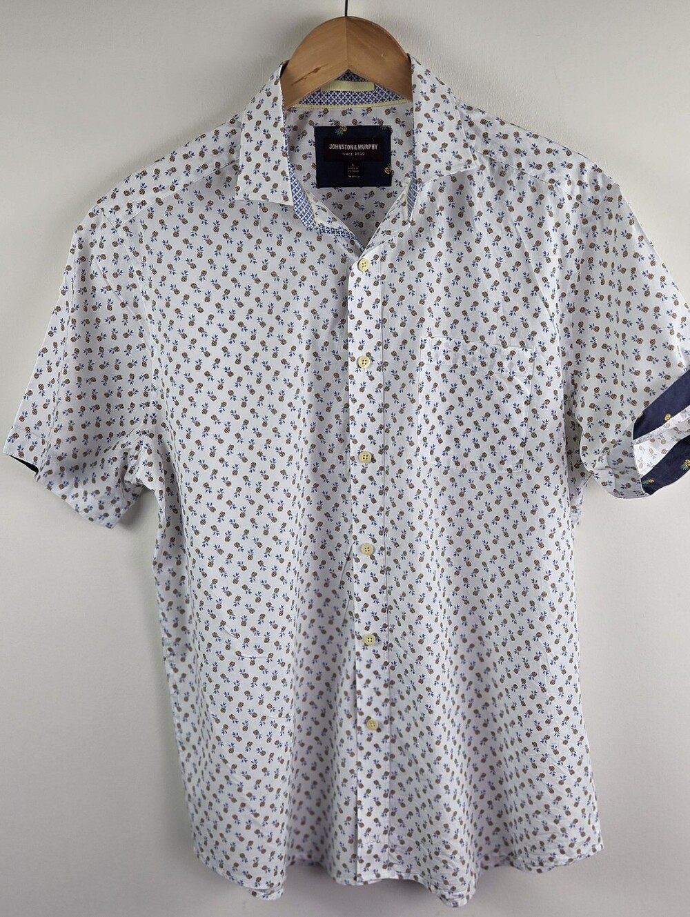 Johnston And Murphy Shirt Mens Large White Short Sleeve Button Down Pineapple